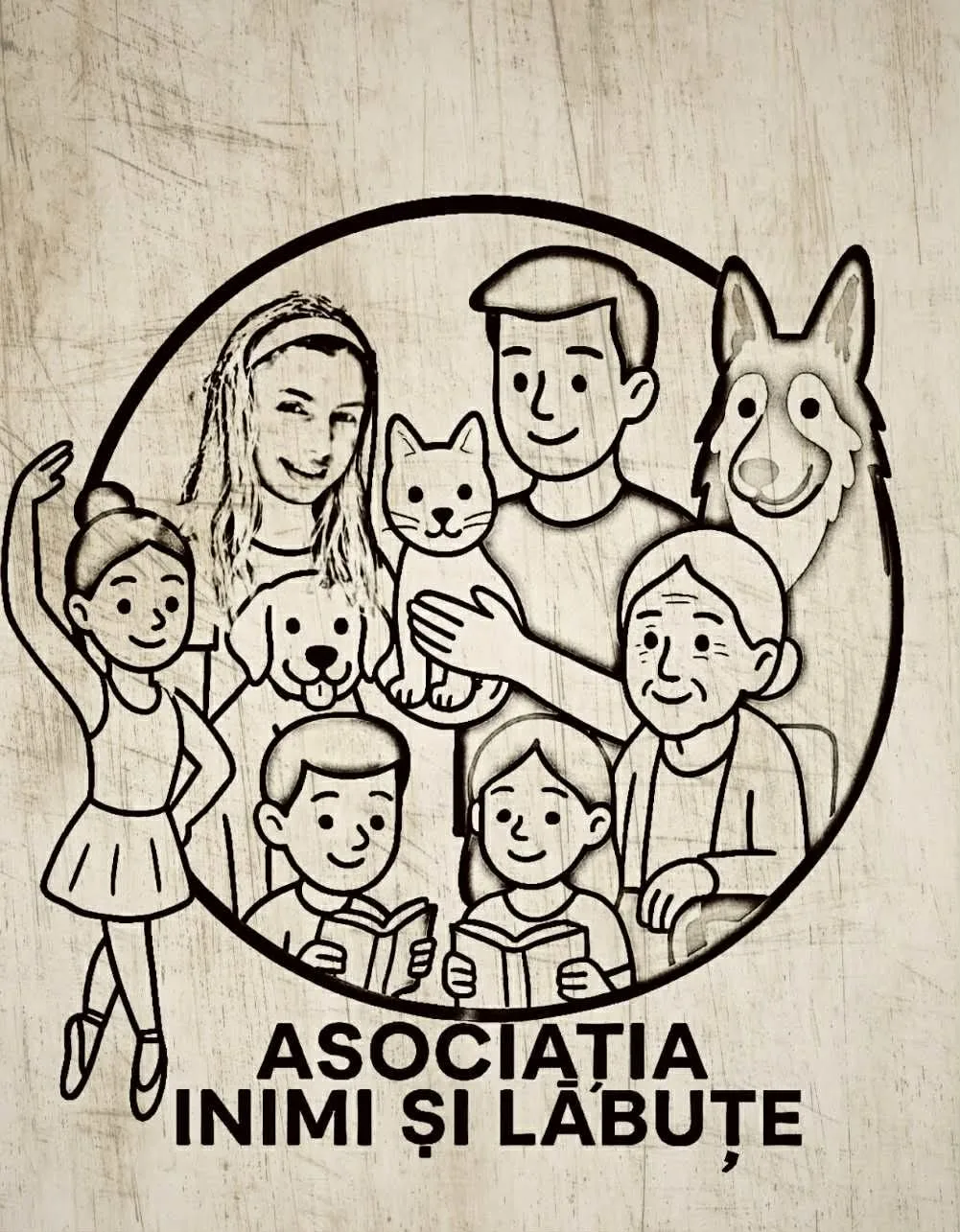 Logo Asociația Inimi și Lăbuțe: desen în creion cu oameni, copii, un câine, un cățel și o pisică